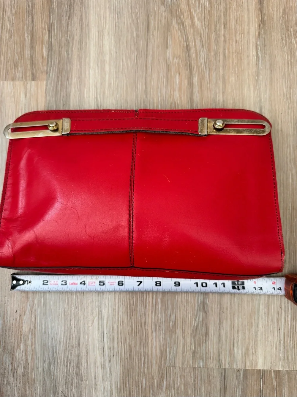 Vintage HYUK Red Leather Top Handle Clutch Purse USA Brass Hardware zip top bag